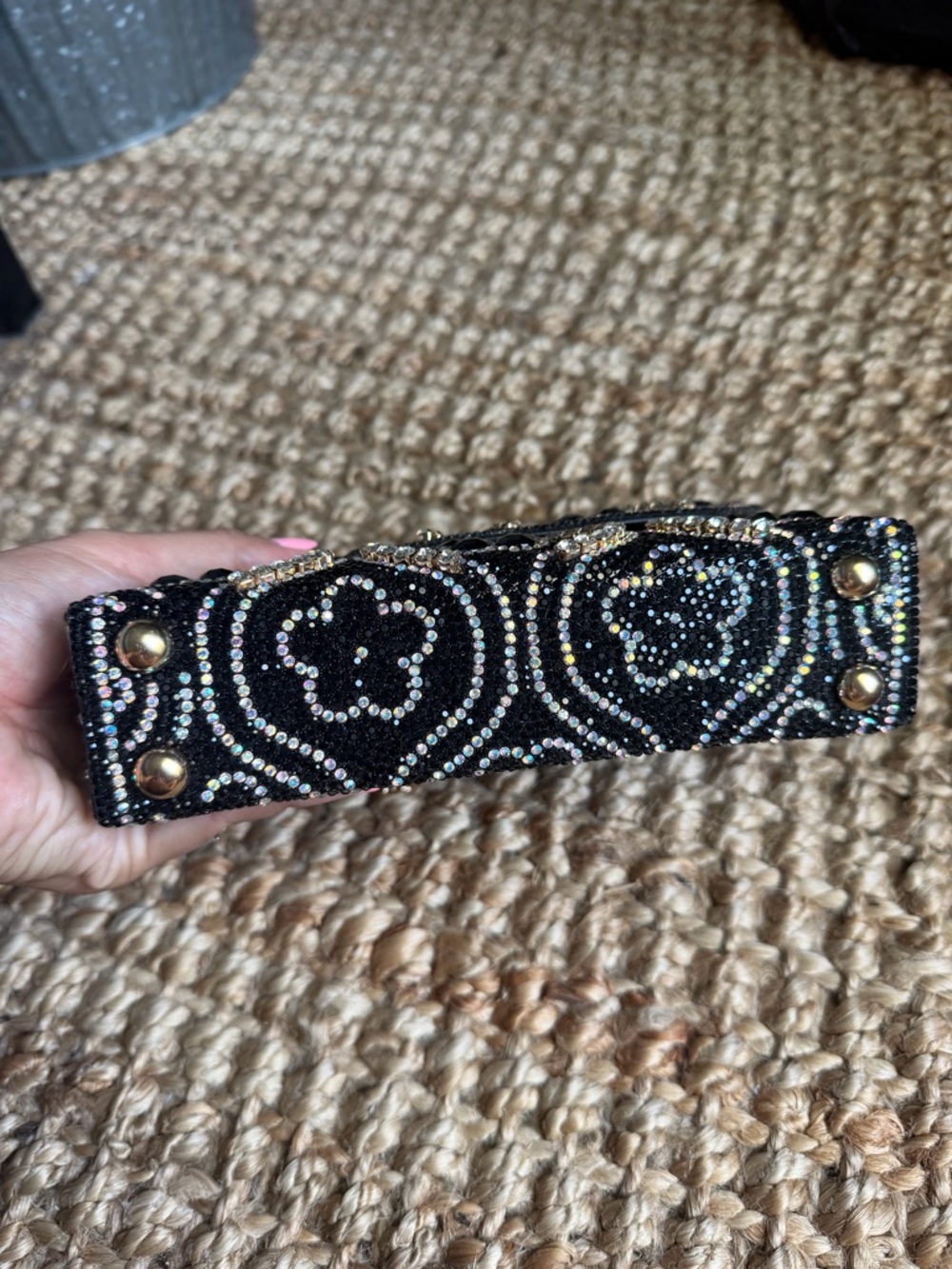 Black Beaded Evening Clutch with Gold Chain - Picture 4 of 6